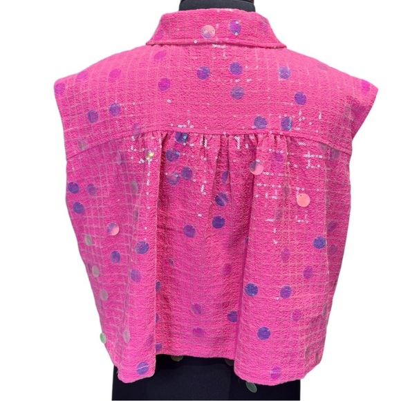 Queen of Sparkles Hot Pink Checker Sequin Sleeveless Jacket Size S - Picture 3 of 8